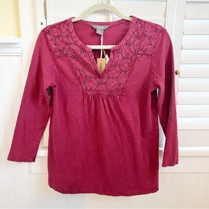 Natural Reflections NWT Cranberry Red Embroidered Neckline 3/4 Sleeve Top Small